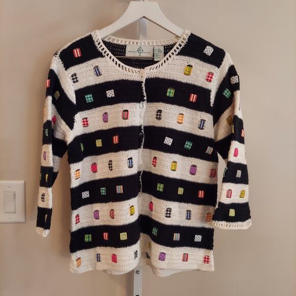 Design Options Knit Novelty Sweater Cardigan Small Ribon Detail Cottage Stripe - Picture 1 of 9